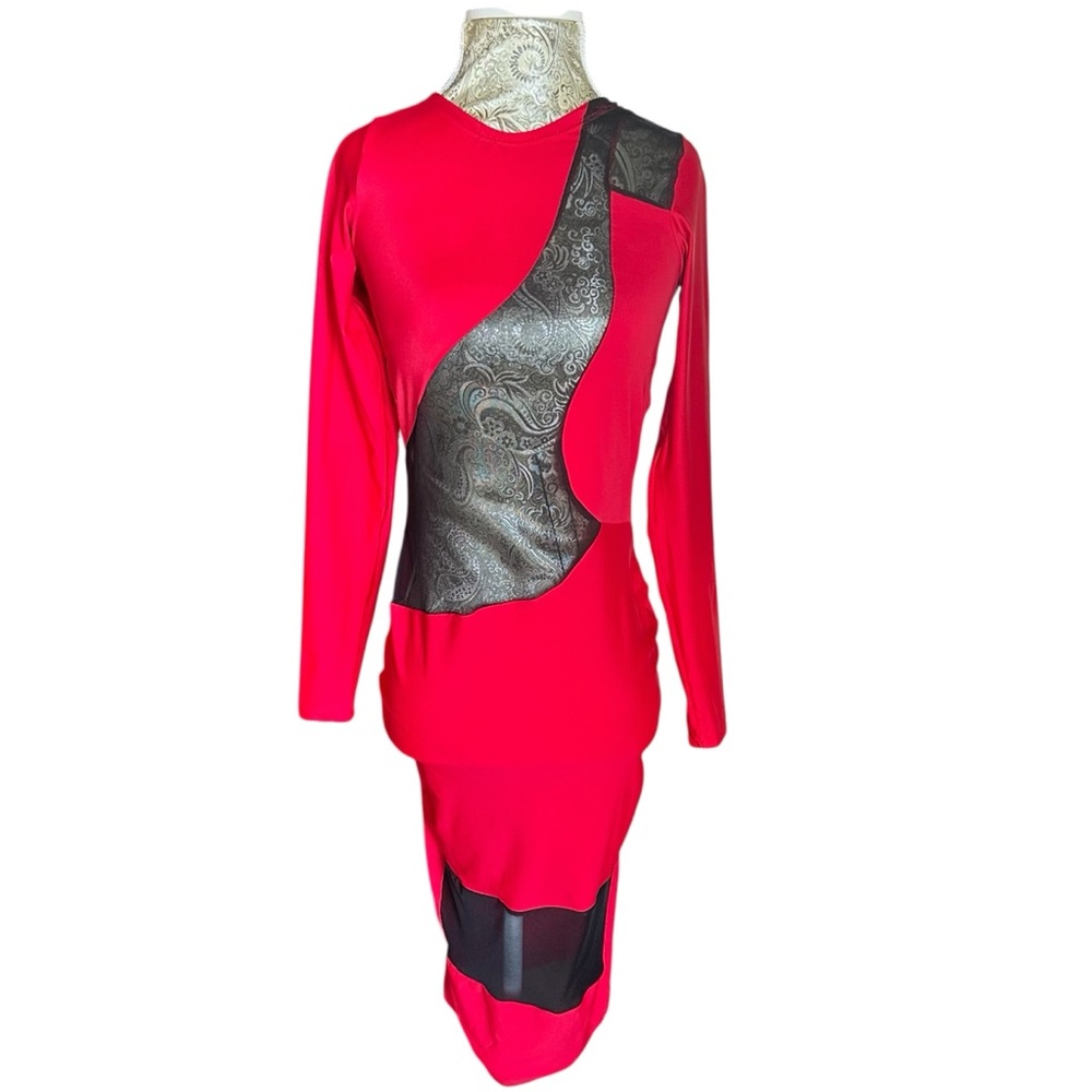 Sexy Stretch Red Long Sleeve Dress Dancer Stripper Club Party Sheer Size Small